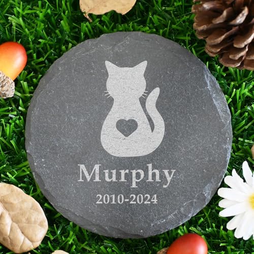 KUALEENG Personalized Cat Memorial Stone, Round Cat Garden Stone, Cat Headstone Memory Gift for Cat Loss, Cat Memorial Gifts Cemetery Decorations for Grave, Gifts for Cat Lovers