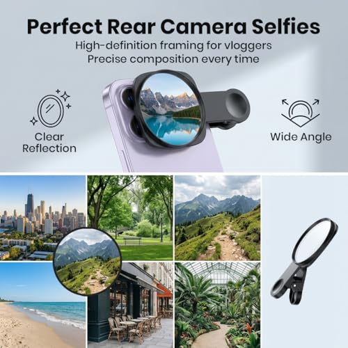 Image of ZORBES Clip-On Selfie Mirror for Smartphones, Universal Phone Camera Mirror Attachment with Cleaning Cloth Portable Photo Framing Accessory for Selfies, Vlogging, Content Creation