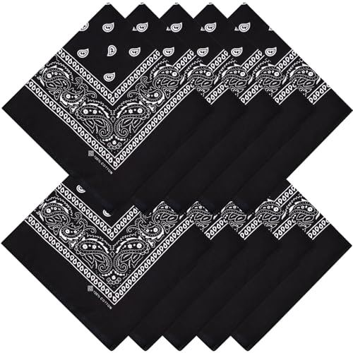 ZENO Black Bandana – 100% Cotton & Natural Fibers – Black Bandana Scarf with No Polyester – Premium Quality – Soft, Durable & Machine Washable – For Men & Women – Unisex & Kids - 10 Pack