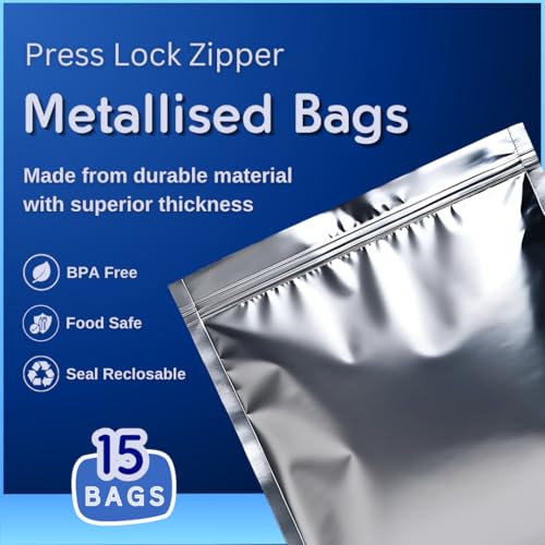 Image of GREENTWISH Zip 'N' Seal Metallised Silver Zip Lock Bags, Reusable Sandwich and Food Storage Bag, Airtight Foil Pouch with Zipper, Freezer Safe, Polyethylene | Small x 5, Medium x 5, Large x 5