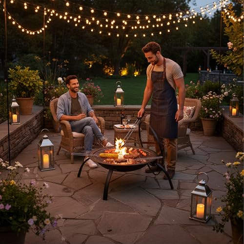 Relaxdays XL Feuerschale, mit Tasche, Grill Rost, Schürhaken, Funkenschutz Deckel, Garten, Terrasse, D 56,5 cm, schwarz