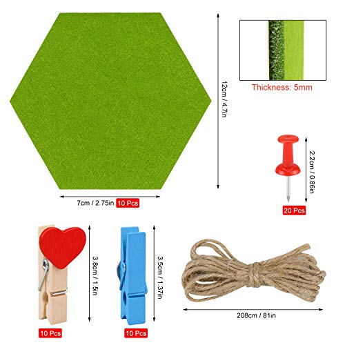 Meetory 10 Packs Felt Board Hexagon Tiles Bulletin Board with 41 Pcs Push Pins Wooden Clips Kit, Wall Stickers Display Board Notice Board for Home Office Classroom Wall Décor