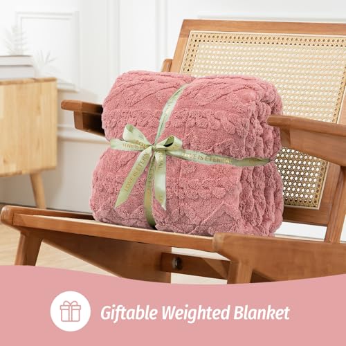 Image of Wemore Weighted Blanket for Adults Twin Size 15 lbs, Dual Sided Soft Fuzzy Jacquard Sherpa Weighted Blankets, Cozy Fluffy Knitted Heavy Blanket, Apricot Pink, 60 x 80 inches