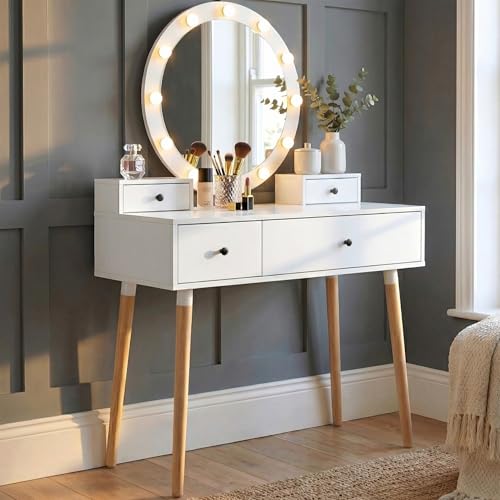 Blisswood Dressing Table with Led Light & Round Mirror, White Vanity Desk with 2 Drawer & 3 Colour Adjustable Brightness Mirror, Modern Make Up Table For Bedroom & Perfect Girls Gift