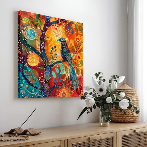 Image of PAINTINGMANTRA Abstract Birds Nature Stretched Canvas Painting for Living Room | Modern Tree Artwork Wall Decor Art For Livingroom, Bedroom, Office, Hallways - 16x16 Inch