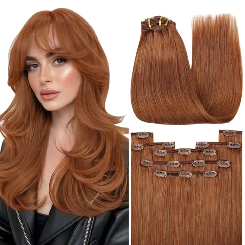 Image of YoungSee Clip in Human Hair Extensions Copper Clip ins Hair Extensions Human Hair Light Copper Clip in Hair Extension Real Human Hair Ease of Use 16Inch 120g 7pcs