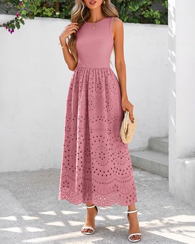 Image of dowerme Women Summer Dresses 2026 Casual Sleeveless Crewneck A-Line Boho Lace Eyelet Cotton Tank Maxi Dress with Pockets