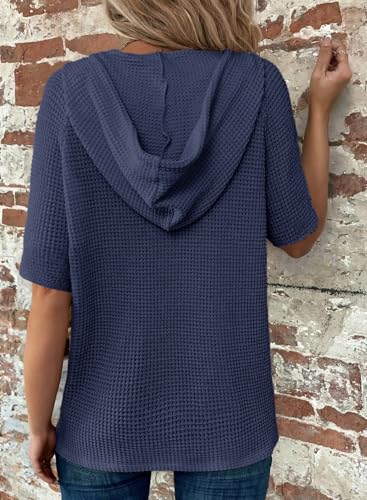 Image of Dokotoo Womens Summer Tops Waffle Knit Short Sleeve Lightweight Drawstring Hoodies Button V Neck Casual Blouses Shirts