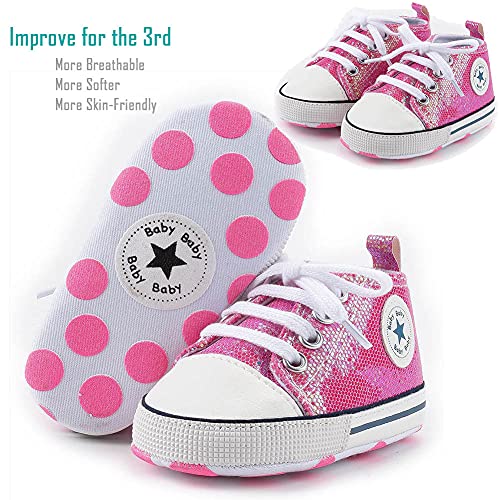 Newborn Baby Girls Boys Canvas Shoes Infant Soft Sole Slip On First Walkers Sneaker Toddler Flat Lazy Loafers High Top Crib Denim Unisex Moccasins Shoe (B/Rose Red, 0-6 Months) #TOP1