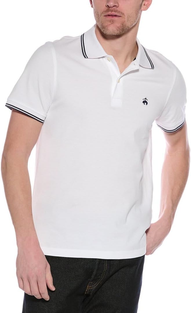 Brooks Brothers Mens Slim Fit Mesh Pique Stripe Tip Collar Short Sleeve Polo Shirt,
