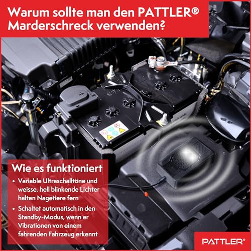 PATTLER® Marderschreck Auto mit Blitzlicht - Marderabwehr mit Flexible Stromversorgung - 12V Autobatterie, AA-Batterie oder USB - Effektiver Marderschutz für Auto, Garten, Dachboden - 1 Stück