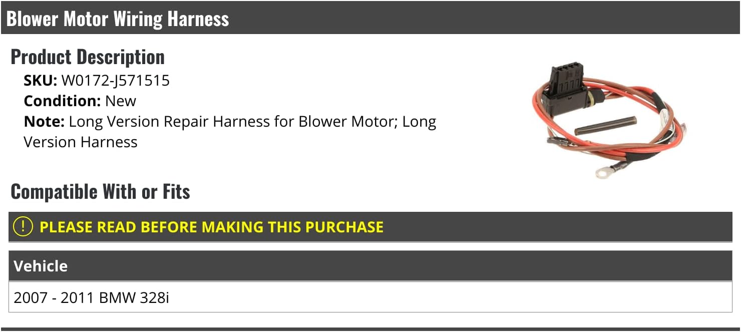 Marketplace Auto Parts Blower Motor Wiring Harness - Long Version - Compatible with 2007-2011 BMW 328i