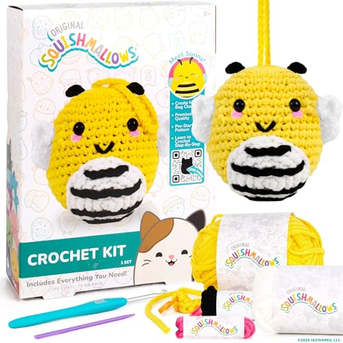 Original Squishmallows Crochet Kit Sunny Bag Charm Bumblebee Crochet Kit for Beginners with Yarn Starter Hooks Step-by-Step Tutorials DIY Craft Great Teen Gifts