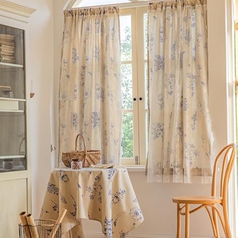 ENJOYBRIDAL Blue Floral Curtains 84 Inches Long 2 Panels Boho Rod Pocket Drapes Bedroom Semi Sheer Double Layer Voile Overlay Floor Length Window Curtain Panels Living Room Farmhouse Window Treatments Cover