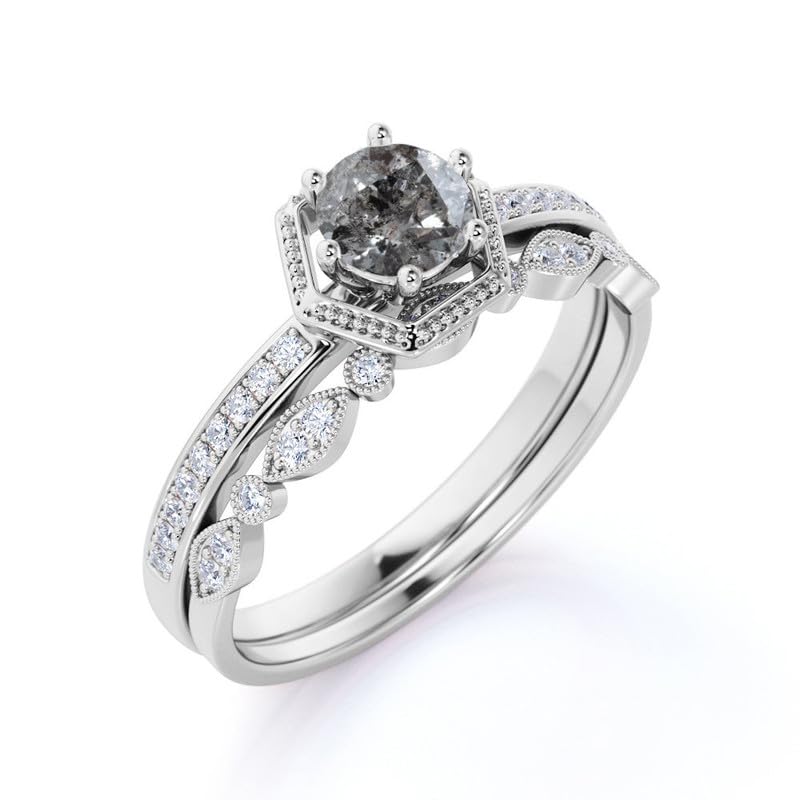 Aihpos Natural Herkimer Diamond Bridal Rings Set for Women - 1.0 Carat Round Cut Salt and Pepper Diamond Ring Set Grey Diamond Engagement Ring Set 10K 14K 18K Gold Promise Ring Set, Size 3-133