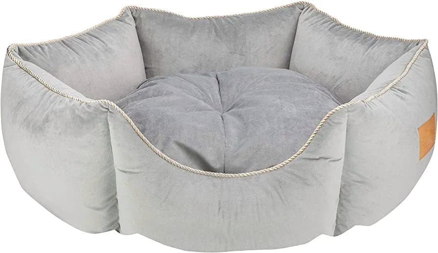 Image of PetLux Velvet Pet Smile Super Soft Reversible Bed for Indoor Cats, Dog Bed for Puppy and Kitty Round Bed, Sofa Basket for a Dog & Cat | Pet Bed With Pillow (S, Grey)