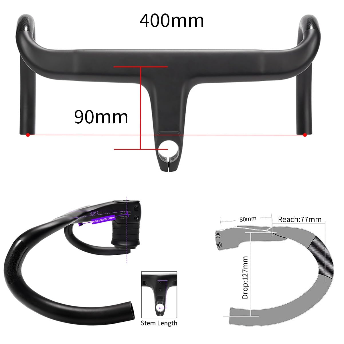 400/420/440mm Bici da Strada Manubrio Integrato 28,6mm Fibra di Carbonio Manubrio Curvo da Corsa Lunghezza Attacco 80/90/100/110/120 Mm Lunghezza 77mm Curvatura 127mm