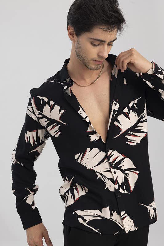 Image of SNITCH Cut Leaf Black Shirt Rayon Slim Fit Shirt