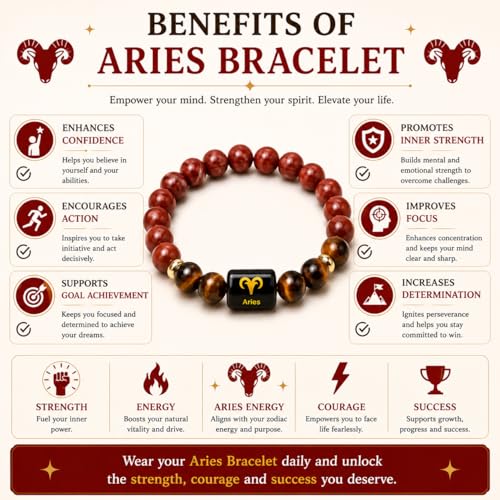 Image of Aries Zodiac Bracelet (मेष राशि) | Certified Healing Crystal for Confidence, Protection & Stability | Original Red Jasper & Tiger Eye Stone | Bracelet for Man & Woman | Gift for Man & Woman