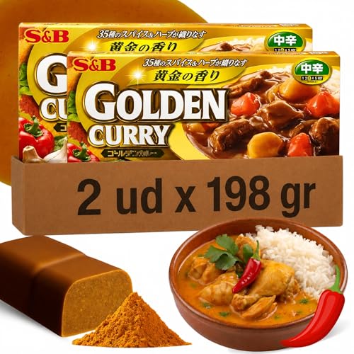 Curry Japones en Pastilla, Pastillas de Golden Curry, Pasta curry japonés Medio picante, Elaborado con 35 especias diferentes, Apto para elaborar unas 12 raciones, Medio picante, Contiene 396 gr
