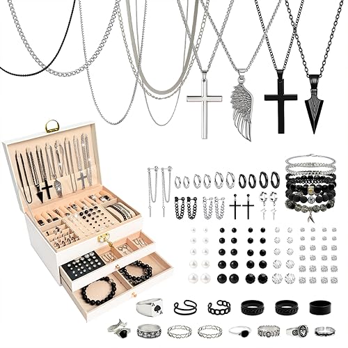 SMUOBT Jewelry Box with Jewelry Set for Women Men - Large Multi-Layer Jewelry Organizer Storage Case with Drawers, Necklace Bracelet Hoop/Stud Earrings Rings Gift Set for Her Him, Unique Birthday Party Gift (Gold/Black Silver)