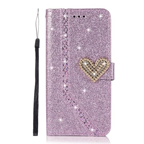 BEENTRYS Cover per Huawei P10 lite Pelle Portafoglio,Glitter Brillantini Porta Carta Cavalletto Stand Magnetica Flip Caso PU Antiurto Protettiva Custodia per Huawei P10 lite-Viola