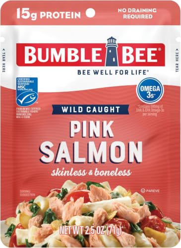 Image of Bumble Bee Skinless & Boneless Pink Salmon, 2.5 oz Pouch - Premium Wild Caught Salmon - 15g Protein per Serving, High in Omega-3s - MSC Certified Sustainable Seafood, Gluten Free, Kosher (Pack of 6)