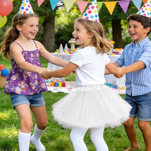 AYBUY Tüllrock Mädchen, Sparkle Tütü Rock Ballett Röcke, Pailletten Tütü Kinder mit Elastischer Bund, Ballettrock Prinzessin Minirock für Karneval, Halloween, Party Kostüm für Mädchen 2-7 (Weiß)