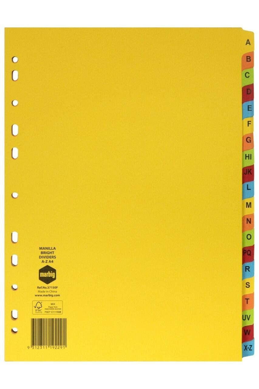 Marbig 37150F - Divisori A4, formato A4, con linguetta A-Z, colori vivaci