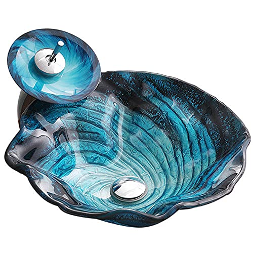 HAVVMK Lavabo de baño de Vidrio Templado, Lavabo de tocador artístico con Grifo Cascada y desagüe (C)