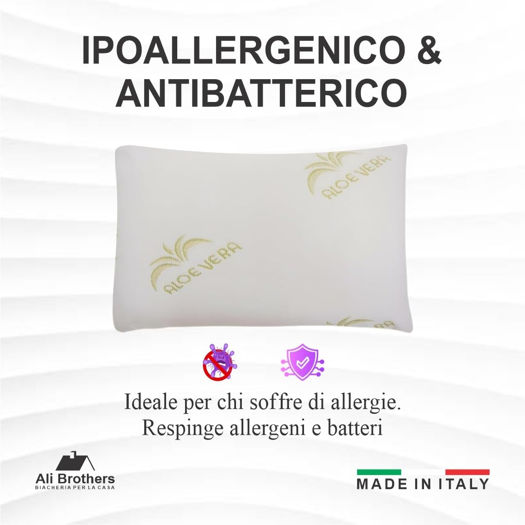 Cuscino Memory Foam Aloe Vera Set 2 Cuscino Ergonomico a Saponetta Antibatterico Ipoallergenico Traspirante per Benessere Notturno e Cuscini Letto Made in Italy per Collo e Cervicale