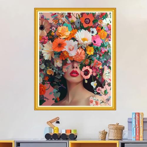 Image of Magxvouy Cross Stitch Kits Stamped Full Range of Embroidery Kits,Cross Stitch Patterns Needlework Kits for Beginners 11CT Printed Kits&Girl Flowers 16x20 inch