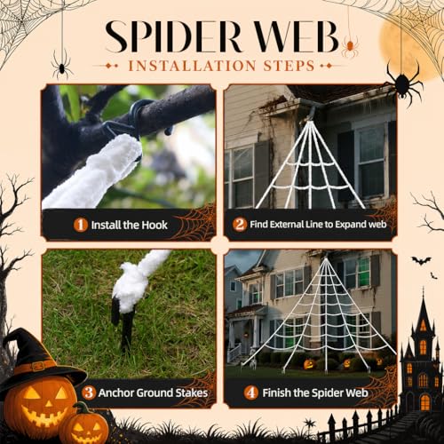 Image of Land Guard 236'' Big Spider Web Halloween Decor+70'' Huge Spider for Roof with Triangular Big Web for on House Outside and Inside