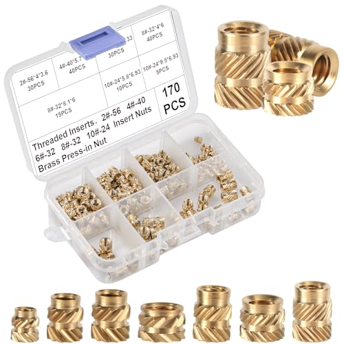 170pcs Female Thread Knurled Nuts - 2-56, 4-40, 6-32, 8-32, 10-24 Brass 3D Printing Nuts for Plastic Injection Molding