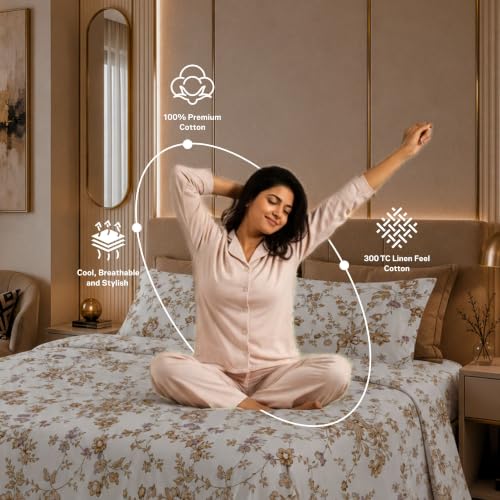 Image of Jaipur Weaves Cotton Linen Feel King Size Bedsheet 108x108 Super King, 100% Pure Cotton Bed Sheet with 2 Pillow Covers, 300 TC Soft Breathable Floral Design Bedding -(Vintage Mustard, Super King)