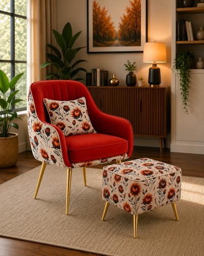 Image of Floral Accent Chair with Ottoman | Premium Velvet Upholstered Armchair with Golden Metal Legs | Modern Lounge Chair for Living Room, Bedroom & Reading Corner | Designer Chair 1pc