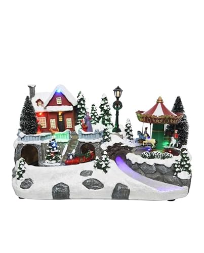 Chianese Villaggio Natalizio con Giostrina, Trenino in Movimento e Giostra con Cavalli Rotante – Decorazione Luminosa ed Animata per Interni – Dimensioni 19x34x19 cm – Atmosfera Magica Natalizia