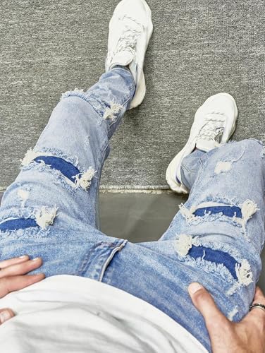 ZAFUL Men's Ripped Straight Leg Jeans Frayed Zipper Loose Fit Layered Distressed Stretchy Denim Pants3