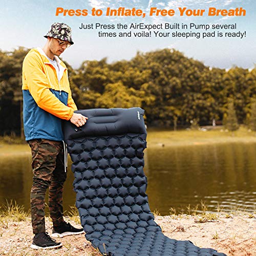 AirExpect Camping Sleeping Pads with Built-in Pump - Upgraded Inflatable Camping Pad with Pillow for Backpacking, Traveling,Durable Waterproof Compact Ultralight Hiking Pad