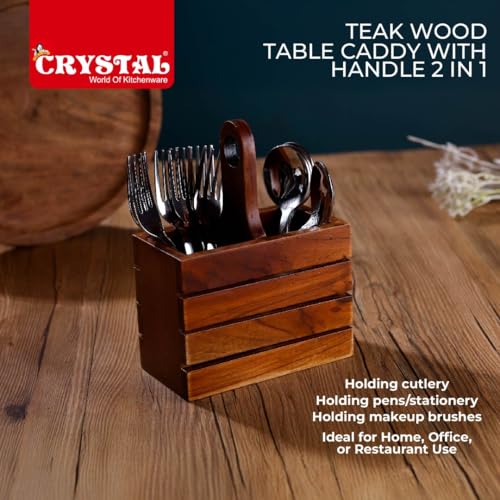 Image of Crystal Premium Handcrafted Wooden Cutlery /Spoon stand with Handle | Pure Teak Wood | Wooden Caddy with 2 sections | Multipurpose Cutlery Stand for Kitchen, Dining Table