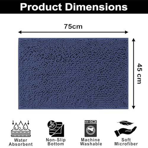 Image of LUXE HOME INTERNATIONAL Shaggy Chenille Bath Mat Extra Soft Super Absorbent Anti Skid Slip Popcorn Door Mats for Home Entrance, Bathroom, Bedroom, Kitchen, Floor Mat (45x75 cm Navy) Pack of 1