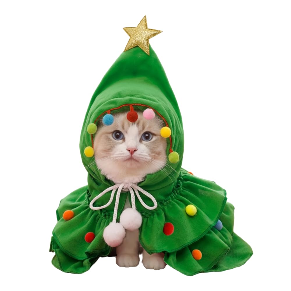 Pet Christmas Costume, Green/Red Puppy Xmas Cloak with Elastic Santa Hat & Adjustable Drawstring for Small, Medium Pets