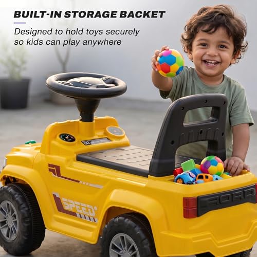 Image of Baybee Speedy Baby Ride on Car for Kids | Portable Kids Car with LED Lights, Music & Storage Basket | Push Toy Cars with High Backrest | Toddler Rideons Jeep for 1 to 3 Years Boys Girls (Yellow)