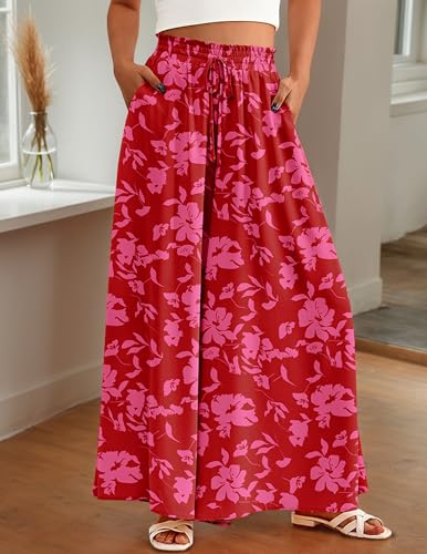 Women Casual High Waist Wide Leg Pants Summer Flowy Print Solid Long Palazzo Pants Lounge Beach Trousers with Pocket