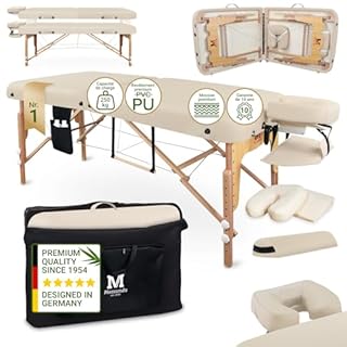 MASSUNDA Comfort Deluxe - Table de Massage Pliante et réglable en Hauteur, Table de Massage Pliable en Bois Massif, Repose-Bras, Coussin de Soutien de Nuque, têtière Ergonomique (Beige)