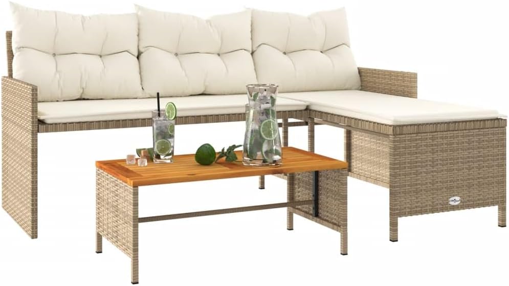 Patio Sofa with Table and Cushions L-Shaped Beige Poly Rattan Lawn Furniture