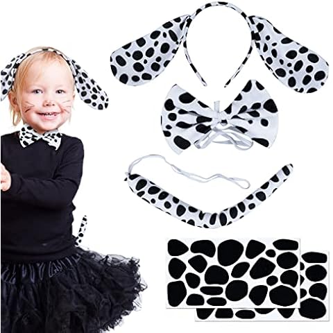 SUNYOK 4 Piece Dalmatian Costume Set Children's Dalmatian Ears Headband with Bow Self-Adhesive Paper Tail Children's Animal Costume Cosplay Costume for Carnival Fancy Dress Easter Costume Party Cover