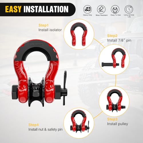 Image of Nilight 3 /4 inch D-Ring Shackle w /Snatch Block (2 Pack) 9,500 lb Working Load, 2-in-1 Heavy‑Duty Towing Pulley w /Isolator for Off‑Road Recovery, Winch Cable & Rope, Truck Jeep ATV UTV Tractor, Red