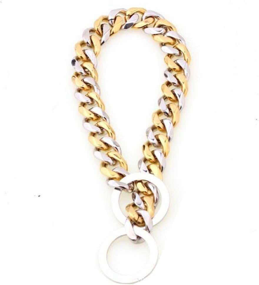 Durable Walking Dog Training Collar 15mm Strong Stainless Steel Cuban Link Slip Choker Chain for Pitbull German Shepherd and Medium Large Dogs (28inch (Fits Dogs Neck 24in-26in), Silver and Gold)