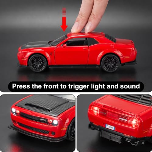Image of 1:32 Scale Dodge Challenger Hellcat Die-Cast Metal Car Toy with Light & Sound, Pull-Back Action & Openable Doors